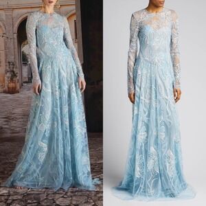 Naeem Khan Blue Floral Lace Long-Sleeve Lace Illusion Gown $3,995 Womens Size 14